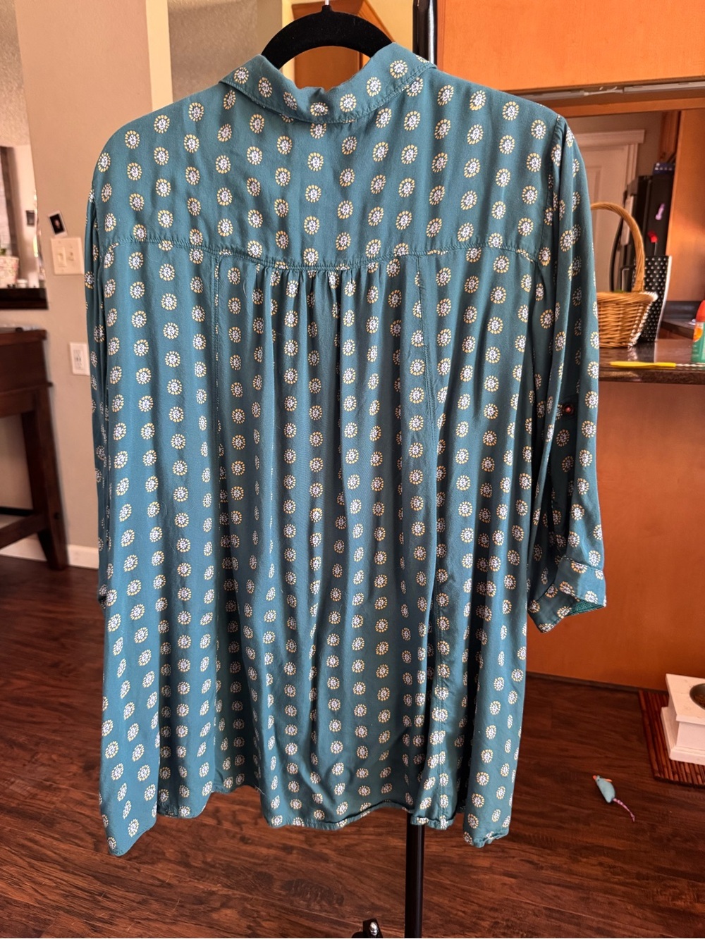Anthropologie Teal Button-Down Shirt with Cream Dot Motif - Picture 7 of 8